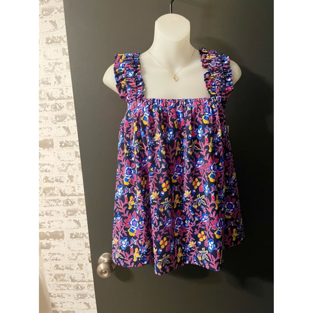 Jude Connally Floral Ruffle Strap Top Jude Cloth Stretch Navy Pink Yellow Size S